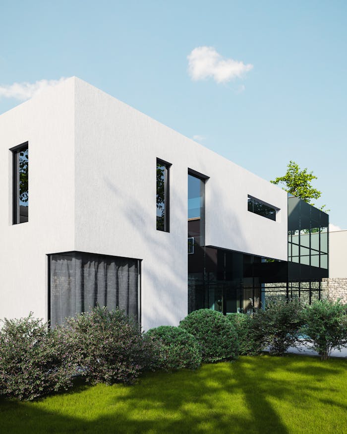 cgi-black-white-villa-13203194 Contemporary architecture of a luxury villa with lush garden and daylight.